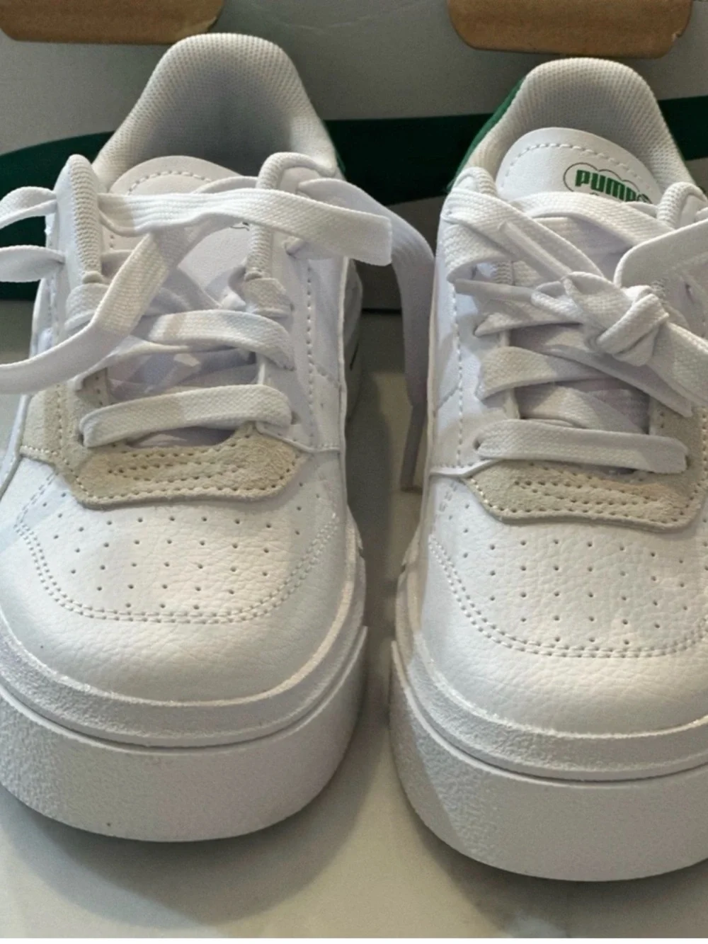 Puma Kids White Sneakers with Green Heel Accent